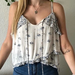AEO White Floral Layered Ruffle Tank Top